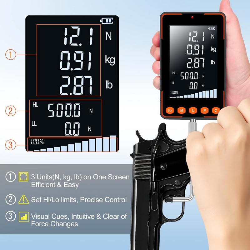 Everkeen Trigger Pull Gauge, Force Gauge Weight Push Pull 500N Extra Large LCD with N kg lb, Peak & Real Time Auto Peak Modes, Data Software, Calibration Certificate, Digital Trigger Pull Scale - Image 3